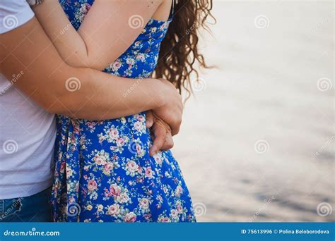 Loving Couple Hugging Her Waist Close Up Stock Photo Image Of Adult