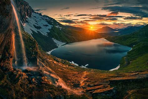 Wallpaper Landscape Mountains Waterfall Sunset Sea Nature Reflection Sky Snow