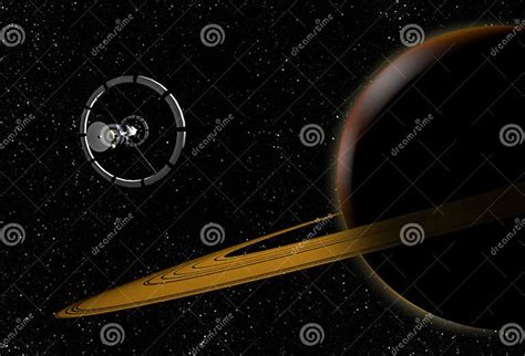 Spacecraft Flying To Saturn In Outer Space Stock Illustration