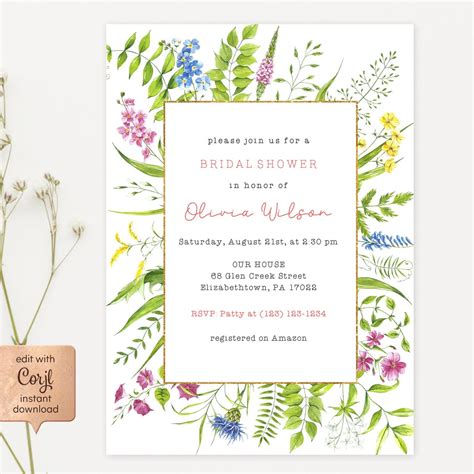 Botanical Bridal Shower Invitation Template Wildflower Invitation Su