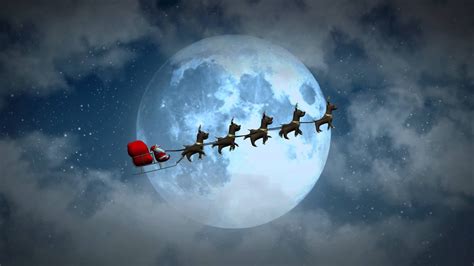 Christmas Flying Santa Sleigh Reindeers At Night Animated Motion