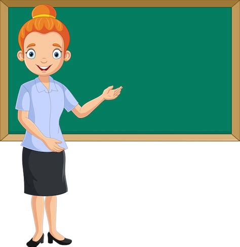 Premium Vector Cartoon Female Teacher Standing Next To A Blackboard