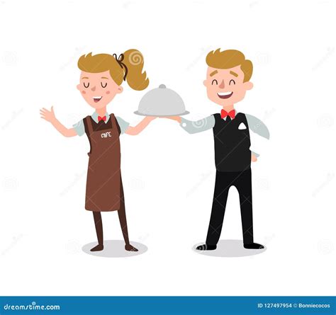 Couple Of Waiters Wearing The Uniform Holding A Dish Of Chicken Cartoon