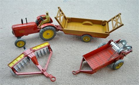 Vintage Original Dinky Toys Massey Harris Farm Tractor And 3 Implements