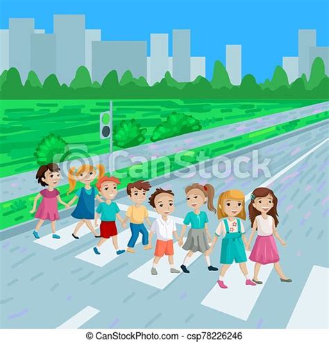 The Group Of Children Holding Hands And Cross The Road Vector