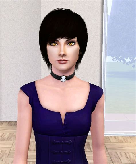 A Woman Wearing A Purple Dress With A Black Choker Around Her Neck And