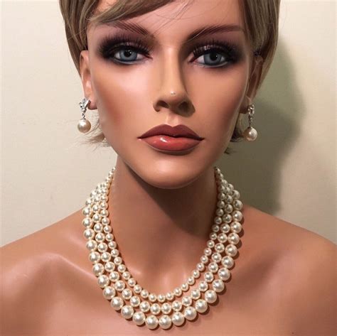 Chunky Pearl Necklace Classic Pearl Necklace With 3 Strands Etsy