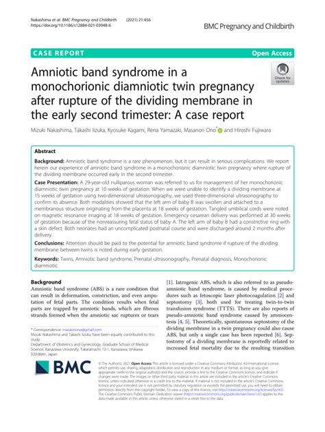 Pdf Amniotic Band Syndrome In A Monochorionic Diamniotic Twin