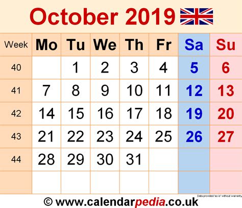 Calendar October 2019 Uk With Excel Word And Pdf Templates