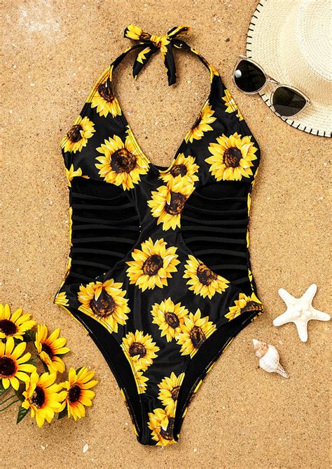 Sunflower Hollow Out One Piece Swimsuit Black Bellelily