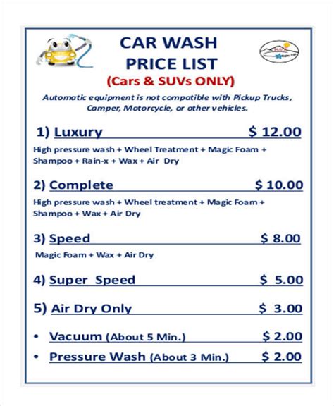 The hand car wash is open between monday to friday from 9am to 5pm. FREE 54+ Price List Samples in PDF | MS Word | PSD | AI ...