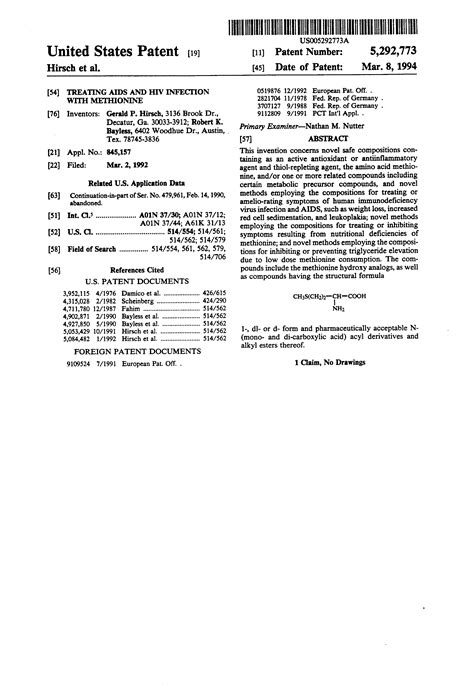 Patent Us5292773 Treating Aids And Hiv Infection With Methionine