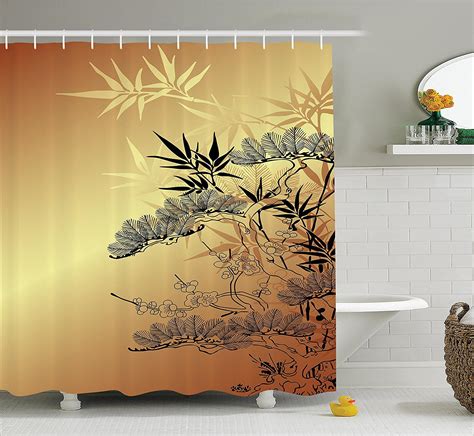 Japanese Decor Shower Curtain Set By Asian Style Branches And Bamboo Motifs With Showy