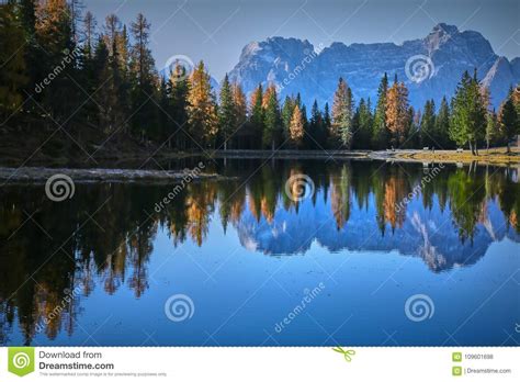 Dolomiti Mountains With Reflection In The Misurina Lake Stock Photo