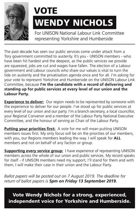 Johns Labour Blog Vote Wendy Nichols For Unison National Labour Link