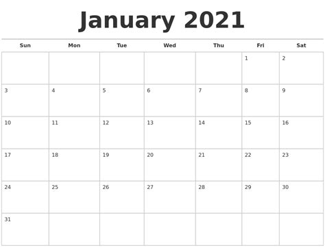 January 2021 Calendars Free