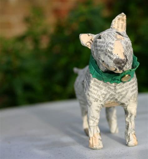 Sweet Small Papier Maché Bull Terrier with green Collar of the softest