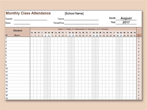 Excel Of Monthly Class Attendance Tracking Template Xlsx Wps Free