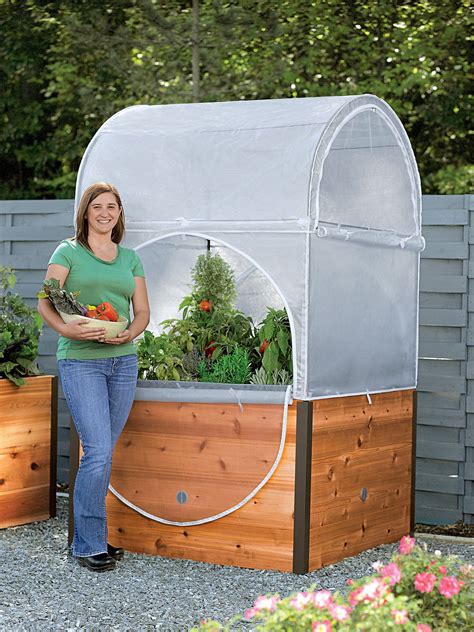 Elevated Cedar Raised Bed With Grow Shelter Greenhouse And Pest Barrier