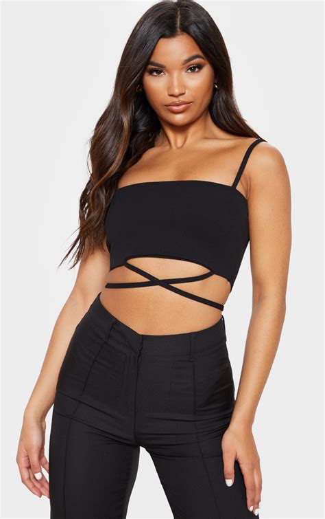 Black Strap Tie Waist Crop Top Tops Prettylittlething Aus