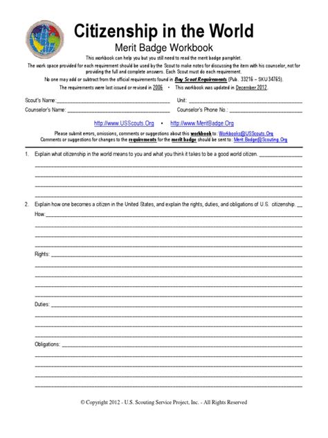 Citizenship In The World Merit Badge Worksheet Boy Scouts Of America