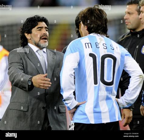 Argentina Coach Diego Maradona Greets Striker Lionel Messi Fifa World Cup 2010 Argentina V