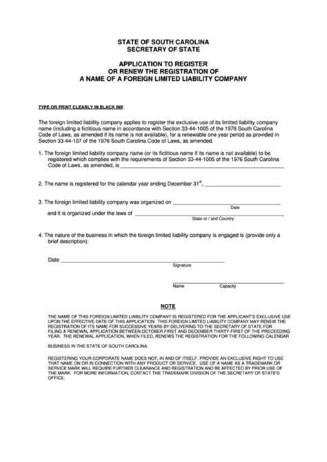 Fillable Application To Register Or Renew The Registration Of A Name Of