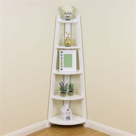 White 5 Tier Tall Corner Shelfshelving Unit Display Stand Home