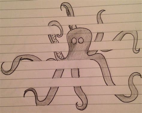Drawing Sketch Doodle Octopus Between The Lines On Lined Paper