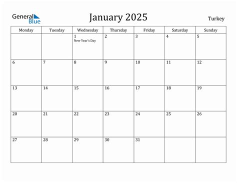January 2025 Monthly Calendar With Turkey Holidays