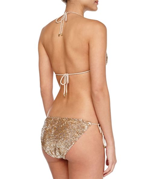 Haute Hippie Sequined Triangle String Bikini In Gold Lyst