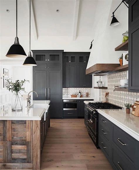 Matte Black Cabinets With Wood Accents In 2020 Farmhouse Kitchen