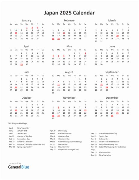 2025 Japan Calendar With Holidays
