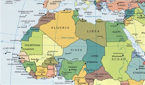 Overzichtskaart van afrika met landen, plaatsen, rivieren, bergen en zeeën. Kaart Noord-Afrika Landen Topografie: Kaart Noord-Afrika ...