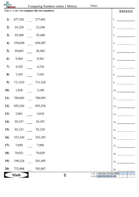 Comparing Numbers Up To Millions Worksheets