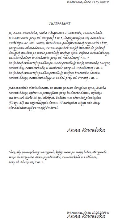 Testament własnoręczny wzór