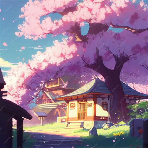 Arbres De Fleurs De Cerisier Sur Illustration De Manga Anime Paysage De