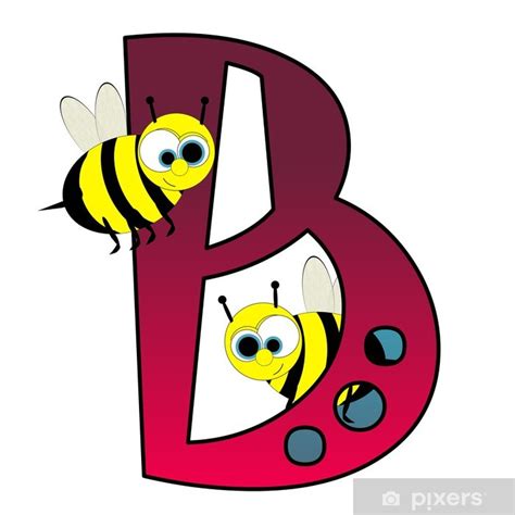 Sticker Alphabet Letter B With Bees Cartoon Isolated On White