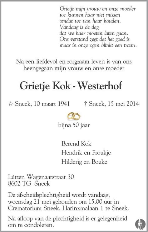 Grietje Kok Westerhof 15 05 2014 Overlijdensbericht En Condoleances