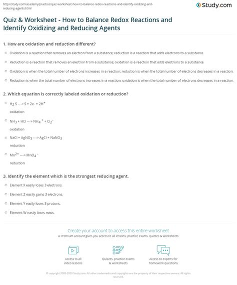 These kinds of reactions are at the heart of energy producing devices such … Quiz & Worksheet - How to Balance Redox Reactions and ...