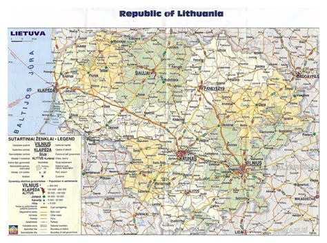 Typical lithuanian plains with lakes, swamps and forests. Large political and administrative map of Lithuania with ...