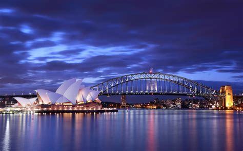 australia sydney opera house bridge evening lights