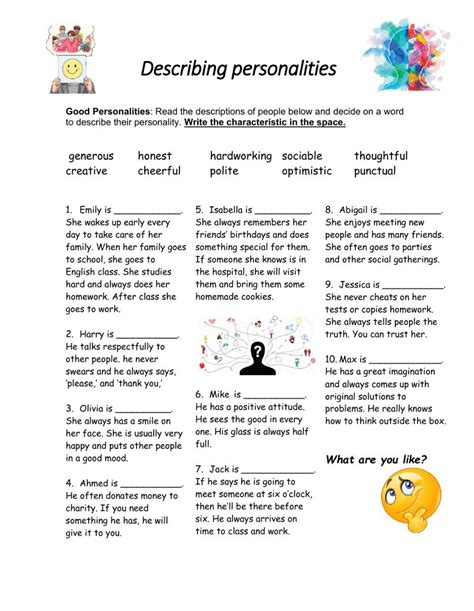 Describing Personalities Worksheet Personality Adjectives English