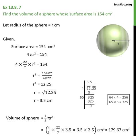 Ex 138 7 Find Volume Of A Sphere Whose Surface Area Ex 138
