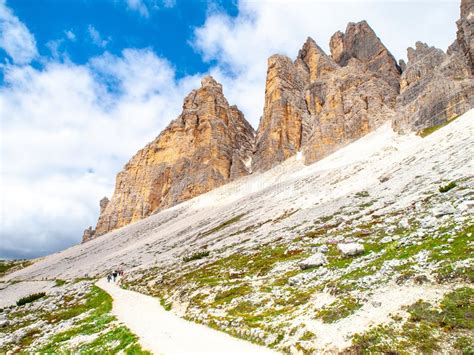 Tourist Path Under South Face Of Tre Cime Di Lavaredo Dolomites Italy