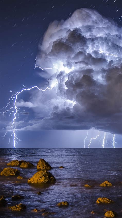 Wallpaper Storm Lightning Sea Stones 3840x2160 Uhd 4k Picture Image