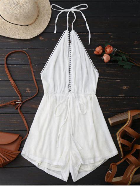 Plunge Halter Drawstring Linen Romper White Jumpsuits And Rompers M Zaful