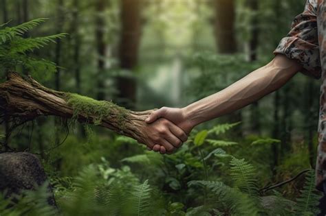 Premium Ai Image Sustainable Handshake Man Shaking Hands In The Forest