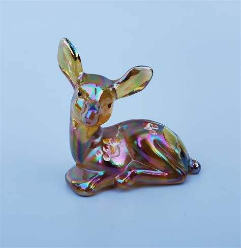 Fenton Art Glass Deer Fawn Figure Iridized Golden Orchids Color Artist Signed Mackey