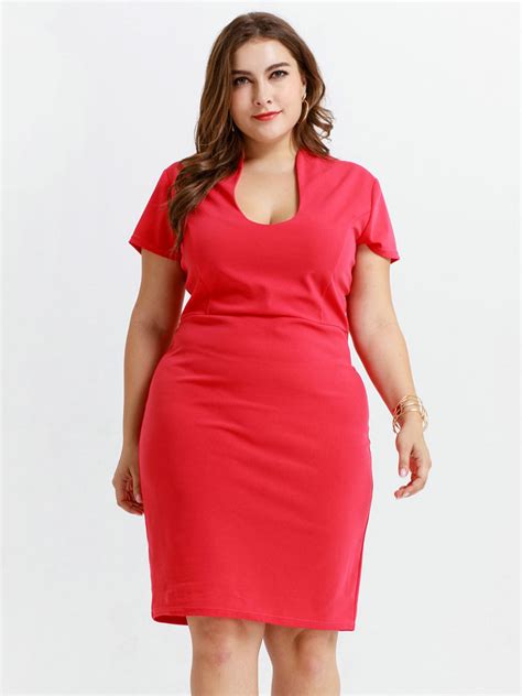 Plus Size Red Bodycon Dress Square Neck Short Sleeve Knee Length Polyester Summer Midi Dress